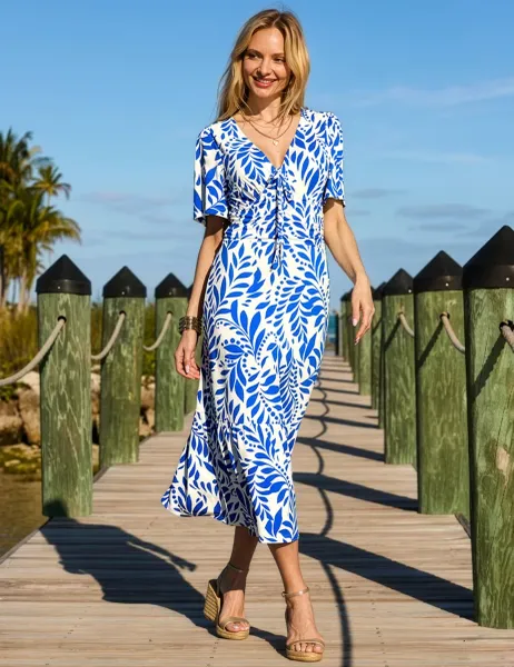 SOSANDAR Floral V-Neck Ruched Midi Tea Dress Blue Mix