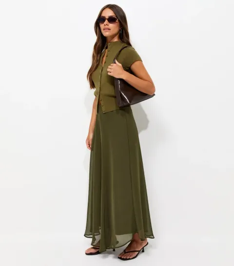 Women's Petite Dark Khaki Chiffon Circle Skirt