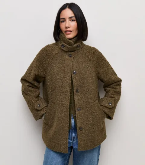 Women's Dark Khaki Felt Raglan Sleeve Funnel Neck Coat