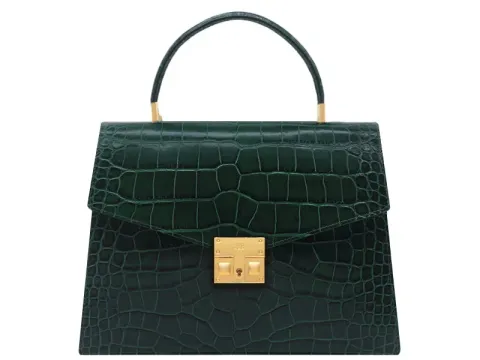 Odette Large Orinoco 'Croc' Print Calf Leather Handbag - Dark Green - 2