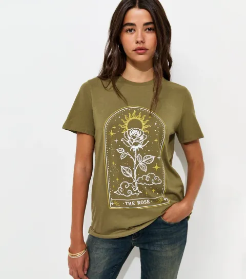 Women's Green Cotton The Rose Mystic Print Relaxed T-Shirt