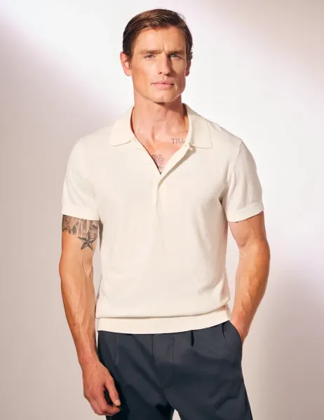 Cotton Rich Knitted Polo Shirt with Silk White
