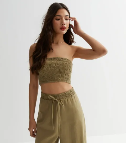 Women's Olive Shirred Bandeau Top