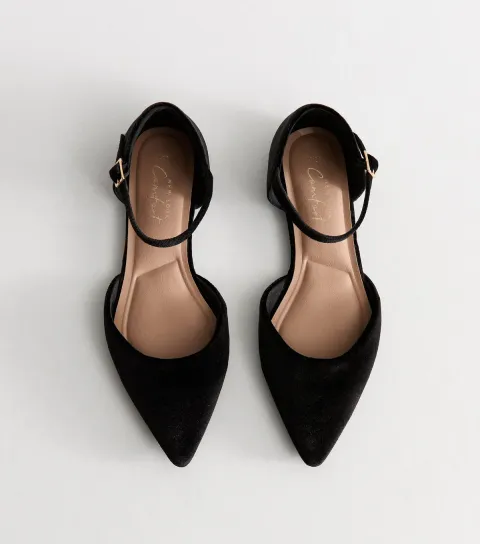New Look Women's Black Velvet Pointed Toe Ankle Strap Flats Vegan