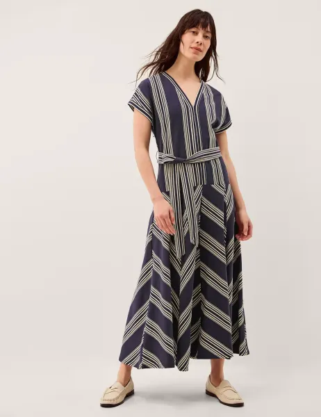 Monsoon Pure Cotton Striped V-Neck Maxi Smock Dress