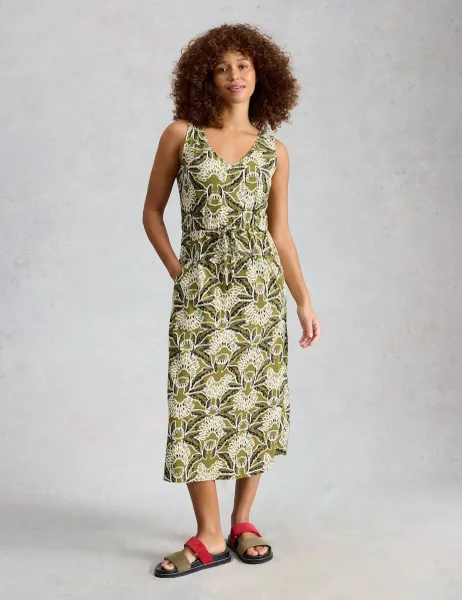White Stuff Pure Cotton Jersey Printed Midi Waisted Dress