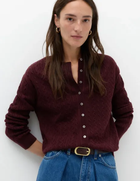 Marks & Spencer Air-Yarn Crew Neck Cable Knit Cardigan Dark Burgundy