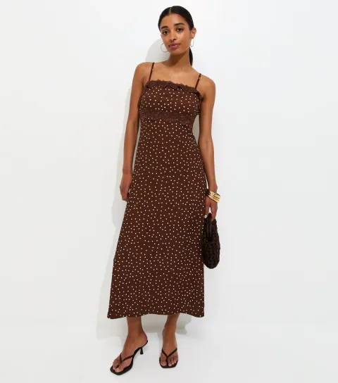 Women's Brown Crinkle Texture Polka Dot Lace Trim Strappy Midi Dress