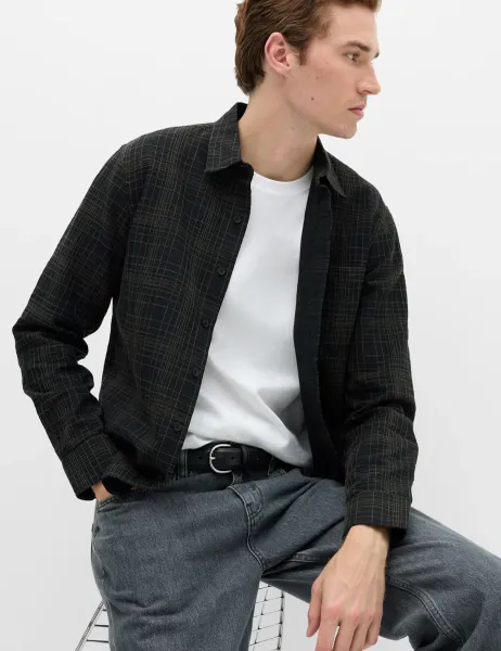 Marks & Spencer Pure Cotton Textured Check Shirt Black Mix