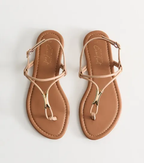 Women's Oatmeal Faux Leather Hardware Detail Toe Post Sandals Vegan