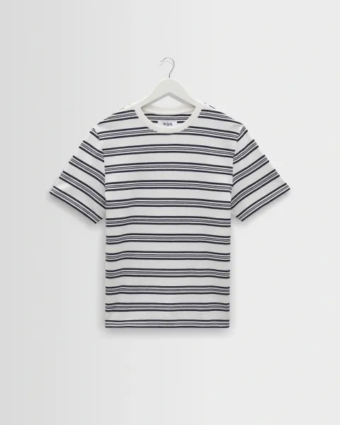Dean - Ecru and Navy Textured Stripe Organic Cotton t-Shirt