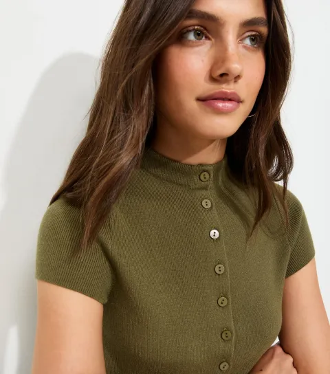 Women's Dark Khaki Short Sleeve Knitted Cardigan