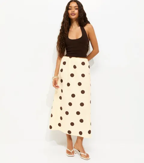 Women's Petite Cream Cotton Polka Dot Circle Midi Skirt