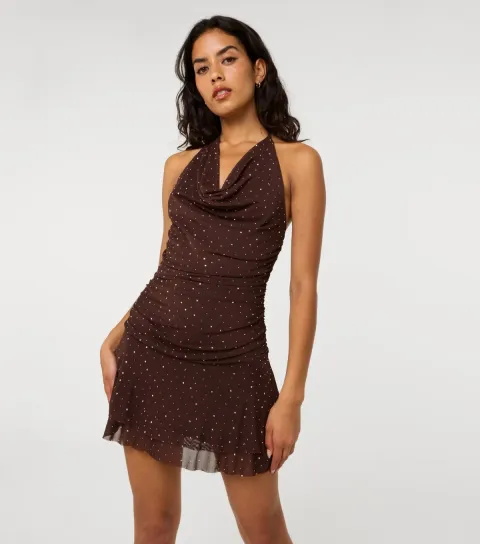 Women's Dark Brown Mesh Jersey Diamante Halter Mini Dress