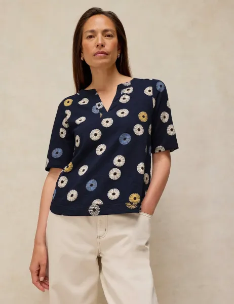Pure Cotton Printed Notch Neck T-Shirt Navy Mix