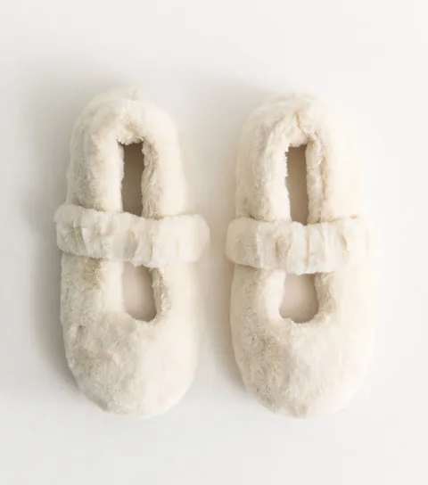 Women's Off White Faux Fur Mary Jane Ballet Slippers Vegan