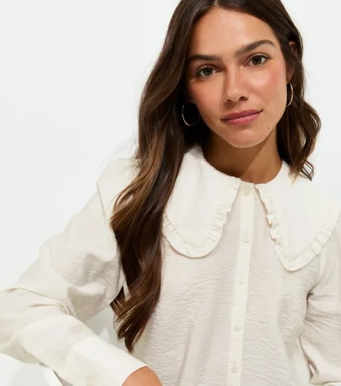 New Look Women's Petite White Crinkle Texture Frill Lace Collar Shirt
