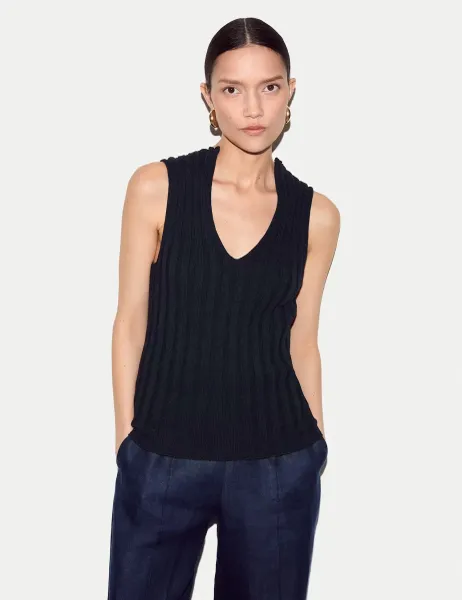 Jigsaw Pure Cotton Ribbed Scoop Neck Knitted Vest Navy