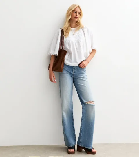 Women's Tall Blue High Waist Ripped Adalae Wide Leg Jeans