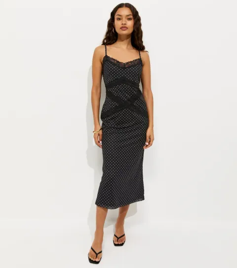 Women's Petite Black Spot Print Lace Trim Mesh Midi Dress