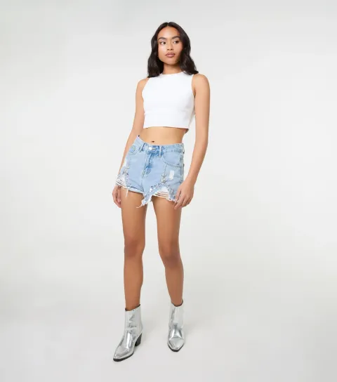 Women's Blue Embellished Distressed Denim Shorts