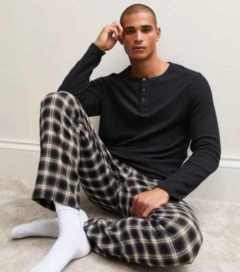 New Look Men's Black Cotton Checked Flannel Pyjama Bottoms