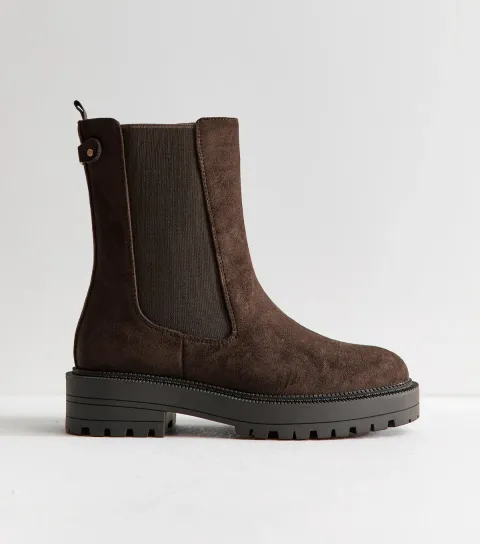 Women's Dark Brown Faux Suede Chunky Sole Chelsea Boots Vegan