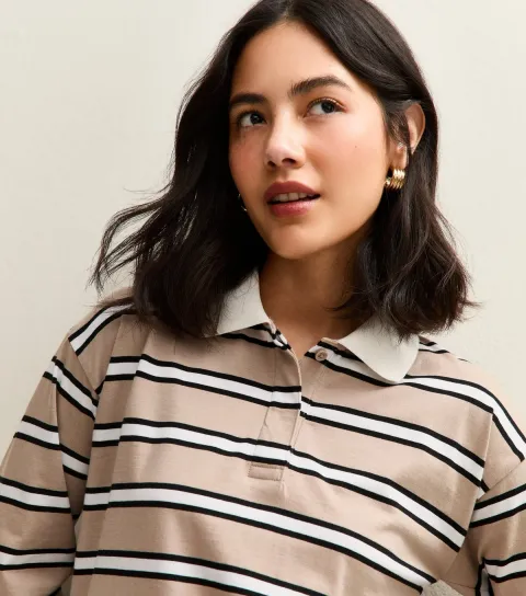 Women's Cream Striped Long Sleeve Rugby Top