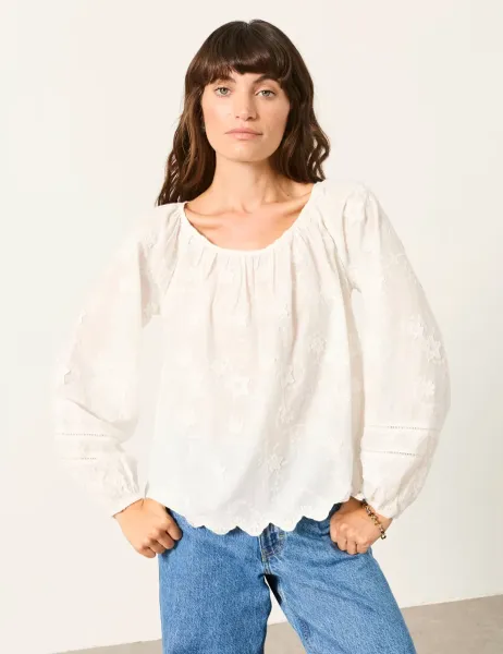 Cotton Rich Floral Embroidered Blouse White