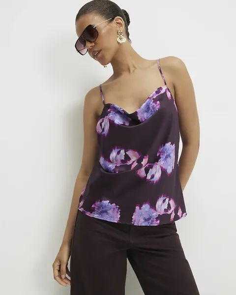 River Island Satin Floral Cowl Neck Cami Top