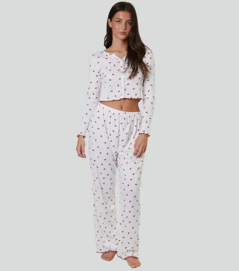 Women's White Cherry Print Pyjama Set