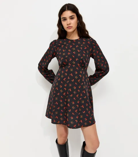 Women's Black Woven Ditsy Print Crew Neck Crepe Mini Dress