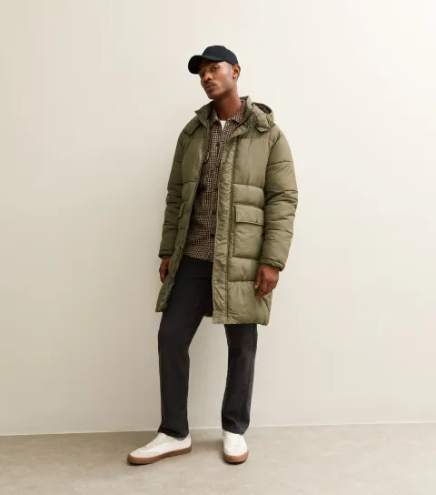 Men's Dark Khaki Regular Longline Puffer Jacket