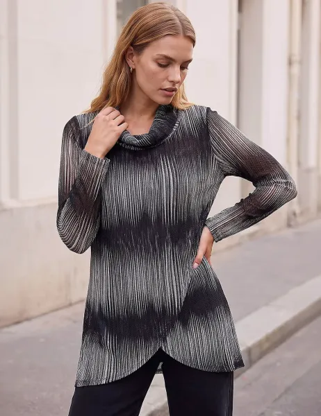 Roman Mono Print Cowl Neck Tunic Top Black