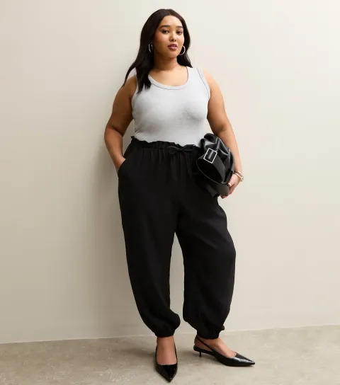 Women's Plus Size Black Drawstring Waist Cuffed Joggers Curves