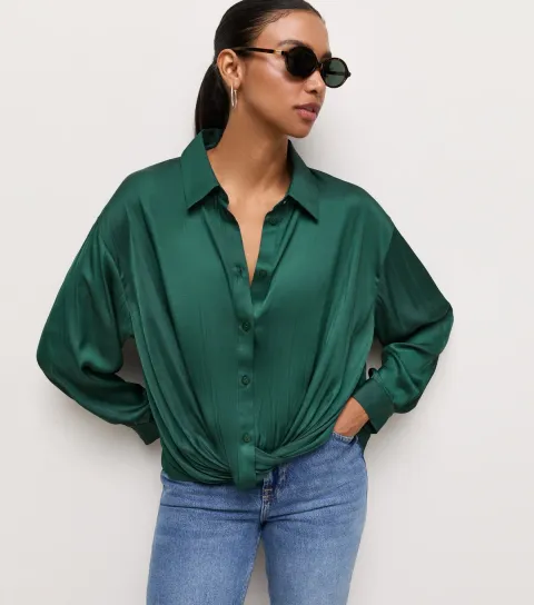 Women's Dark Green Satin Twist Shirt