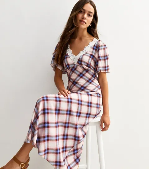 Women's Petite Off White Checked Lace Trim Midi Dress