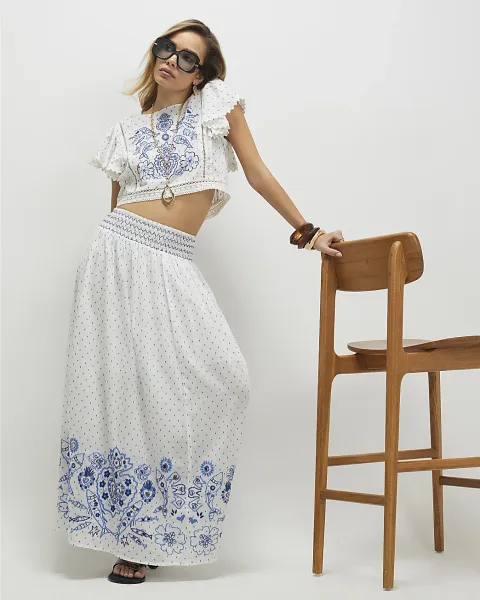River Island Cotton Embroidered Spot Maxi Skirt