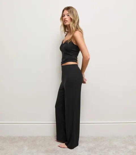 New Look Women's Black Rib Jersey Wide Leg Trousers