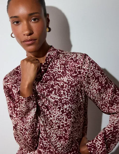 Whistles Animal Print Feather Detail Cowl Neck Blouse Burgundy Mix