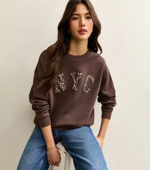 Women's Dark Brown NYC Leopard Print Logo Sweatshirt