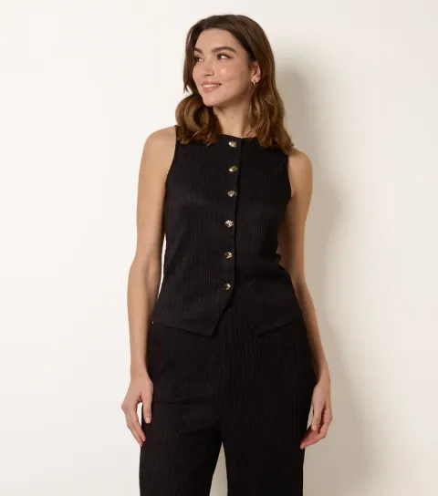 Women's Black Ribbed Abstract Button Waistcoat
