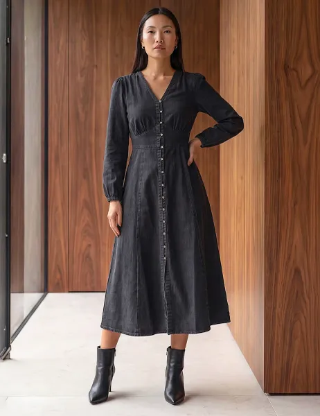 Roman Pure Cotton Button Through Midi Dress Black Mix