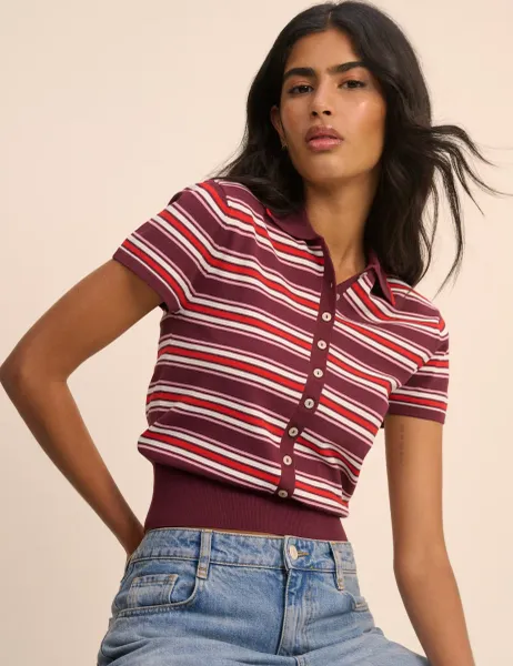 Nobody's Child Striped Polo Neck Waisted Knitted Top Multi