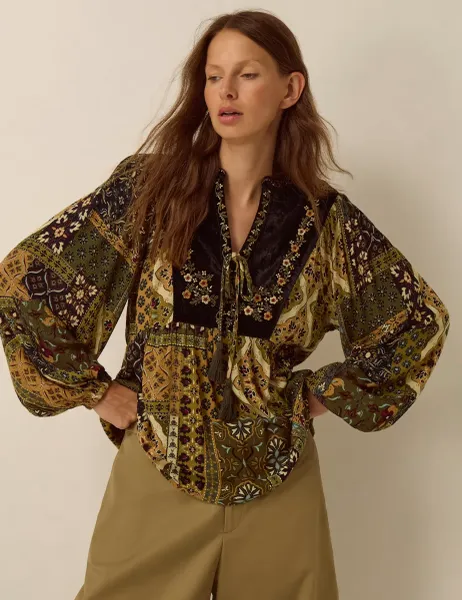 Monsoon Floral V-Neck Tassel Blouse Khaki Mix
