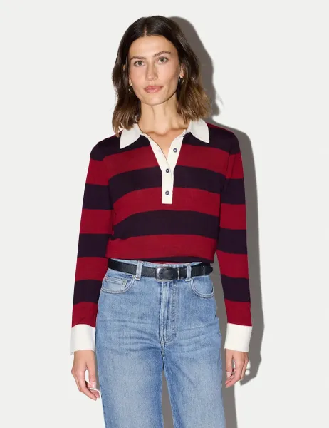 Jigsaw Pure Merino Wool Striped Polo Neck Jumper Red Mix