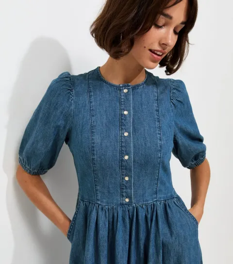 Women's Blue Denim Press Stud Short Sleeve Midi Dress
