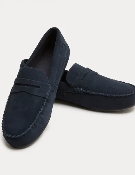 Marks & Spencer Suede Moccasin Slippers with Freshfeet Navy