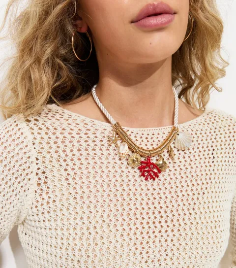 Gold Tone Rope Coastal Charm Necklace