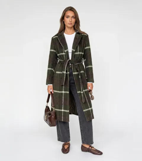 Urban Bliss Women's Green Belted Checked Coat